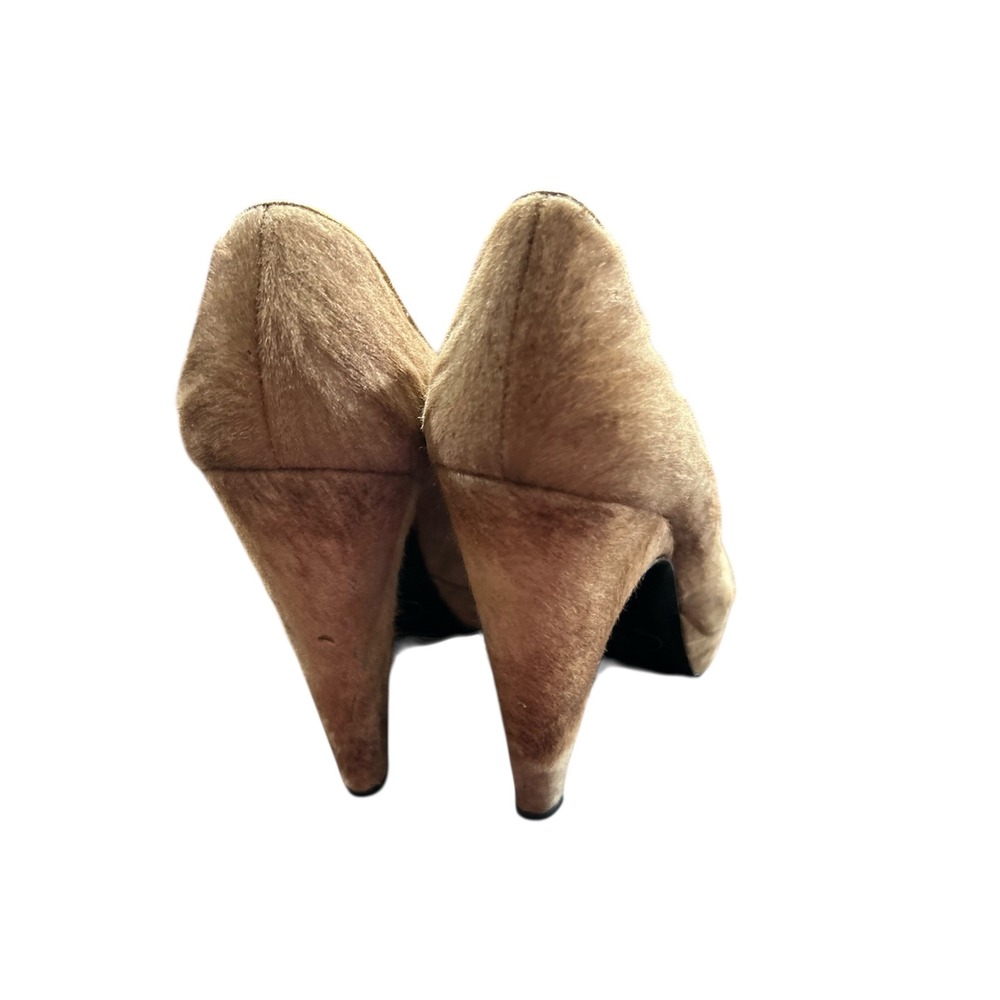Prada Calf Hair Peep Toe Heels Taupe Gold Trim Platform Stiletto‎ Size 39 - Picture 10 of 16